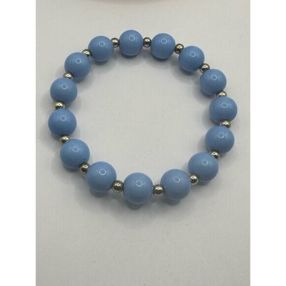 Baby Blue Beaded Stretch Bracelet With Silver Tone Spacers - Picture 2 of 3